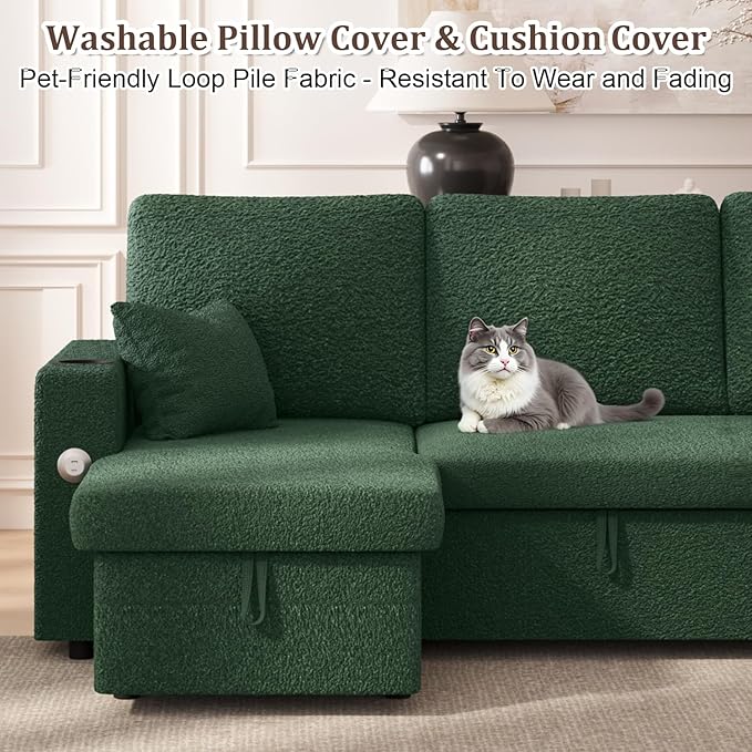 Sleeper Sofa Bed 4-in-1 Pull Out Couch with Reversible Chaise | Dual USB &amp Type-C Charging | Dual Cup Holders | Layered Storage (Armrest + Chaise) for Living Room (Classic Green)
