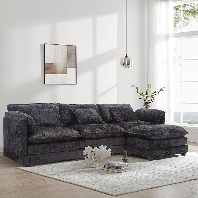 Modern 112 L Shaped Sectional Sofa Cloud CouchChenille Comfy Boucle Modular Sleeper Sofa Upholstery Sofa with Ottoman &amp Memory Foam for Living Room Black