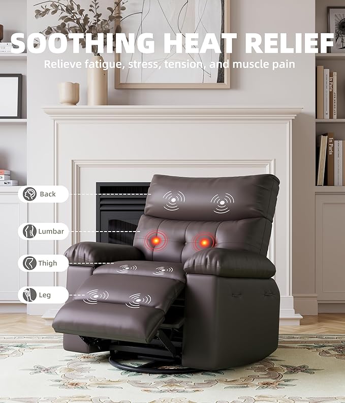 27'' Oversized Wide Rocker Swivel Recliner Chair Large Nursery Chair Lazy Recliner with Vibrating and Heating Functions Lounge Chairs Featuring Cup Holders and Side Pockets