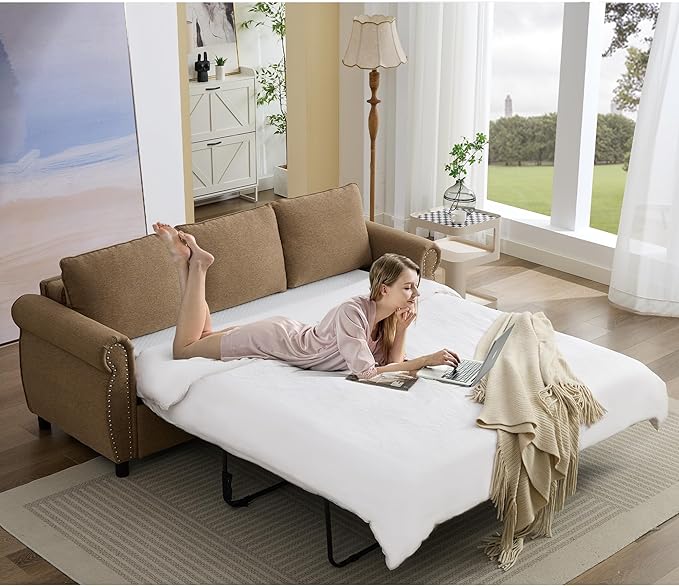 Pull Out Sofa Bed Queen Size Sleeper Sofa with Memory Foam Mattress 3 in 1 Convertible Pullout Couch Bed 3-Seater Comfy Upholstered Loveseat Sofas for Living Room Guest Room RV (Brown Linen)