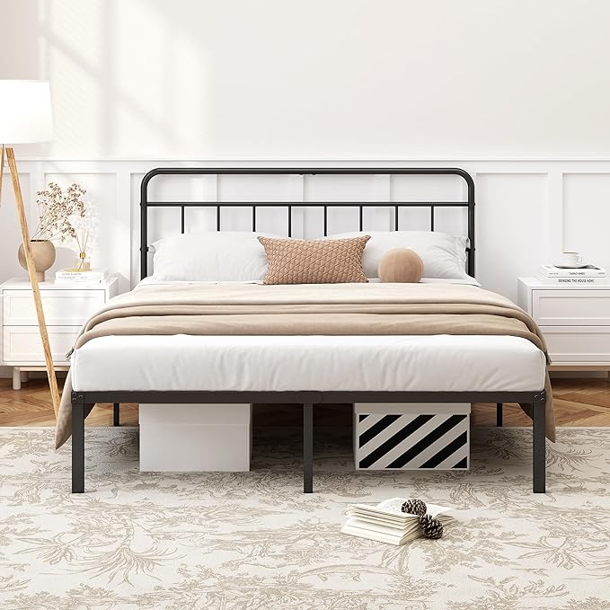 12 inches Queen Size Bed Frame with Minimalist headboardMetal Platform Base with Strong Metal SlatsMattress Foundation for Under Bed StorageEasy AssemblyBlack