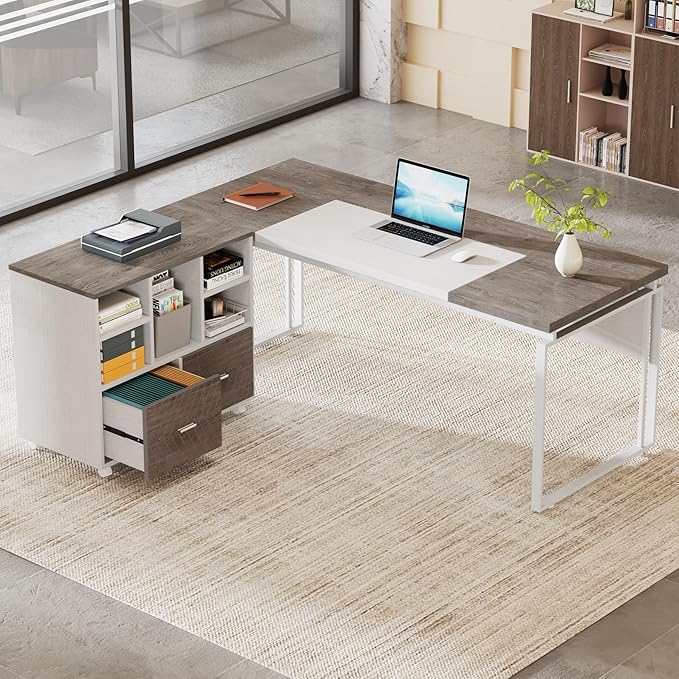 Tribesigns L-Shaped Desk with Drawers 63 Office Desk with File Cabinet Computer Executive Desk with Drawer Cabinet Set (Gray &amp White)