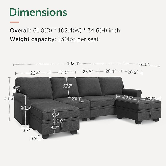 HONBAY Sectional Sofa with Storage Seat U Shaped Couch with Reversible Chaise Convertible Sectional Couches for Living RoomDark Grey