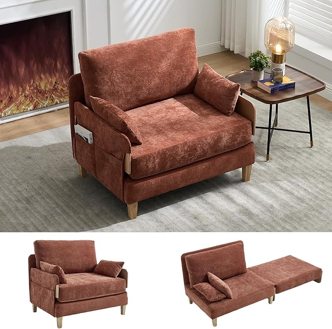 3-in-1 Convertible Sleeper Chair Sleeper Sofa Couch Bed Oversized Accent Chair with 3 Pillows Comfy Chenille Reading Armchair Sofa Cama Couch Guest Bed for Small Spaces Orange