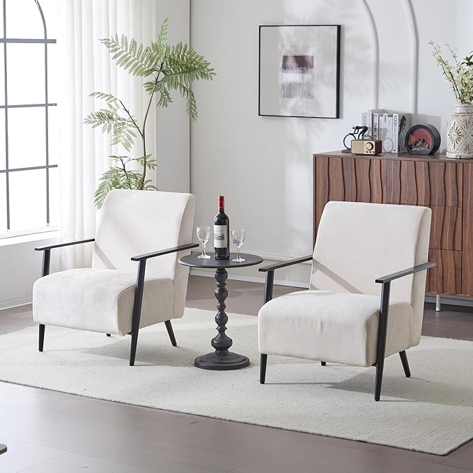 Merax 2-Piece Modern Mid Century Lounge Chair with Metal Frame Cozy Upholstered Armchair for Bedroom Living Room Office Easy Assemble Beige