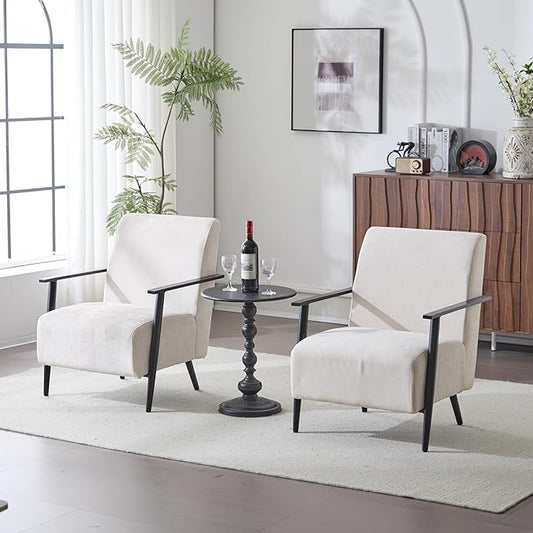 Merax 2-Piece Modern Mid Century Lounge Chair with Metal Frame Cozy Upholstered Armchair for Bedroom Living Room Office Easy Assemble Beige