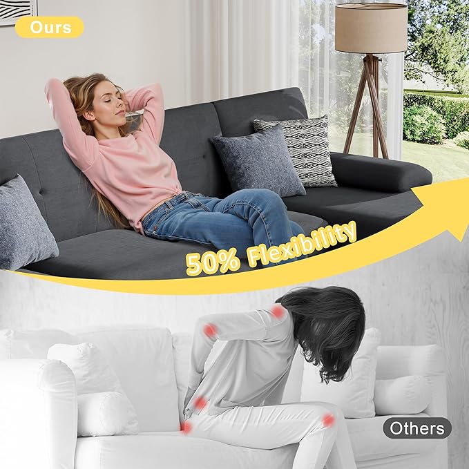 JY QAQA Sectional Couche with Soft Cushion U-Shaped Sofa with Double Chaise 4-Seat Linen Fabric Sofa Sets for Living Room Apartment Black
