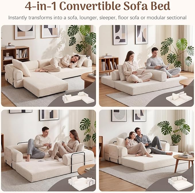 Redlife 78 Folding Sofa Bed with Ottoman Modular Loveseat Sleeper Couch Convertible Floor Sofa Corduroy Fabric Wide Armrests 28.3 Deep Seat Removable Covers &amp Side Pocket No Assembly Bei