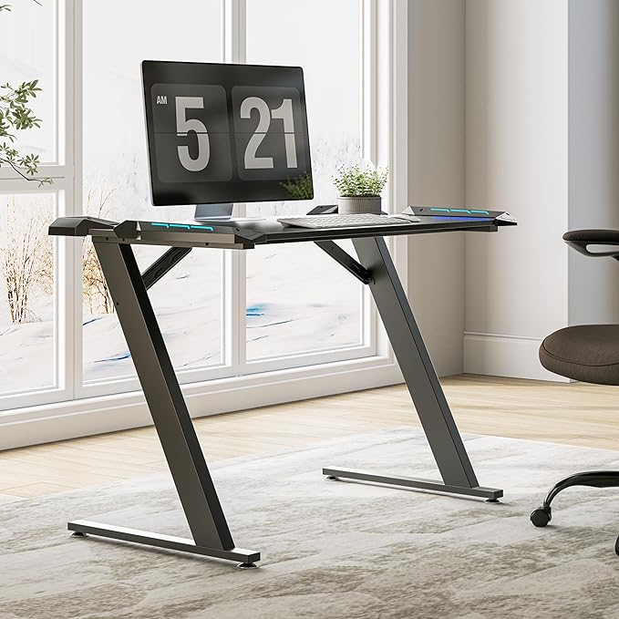EUREKA ERGONOMIC Gaming Desk with LED Lights Home Office RGB Table Small Gaming Desk Computer Table Black