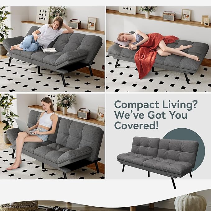 Futon Sofa Bed Convertible Couch Grey Linen Sofa Bed with Memory Foam Adjustable Backrest &amp Armrests Multifunctional Small Loveseat Sleeper Sofa for Living Room Apartment Office