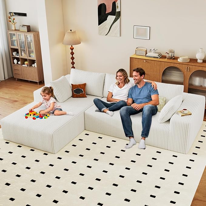 96 Modular Sectional Couch Boneless L Shaped Cloud Sofa with Chaise Lounge Corduroy Upholstered Couches Memory Foam Deep Seat No Assembly Required Ideal for Living Room(White Left Facing)