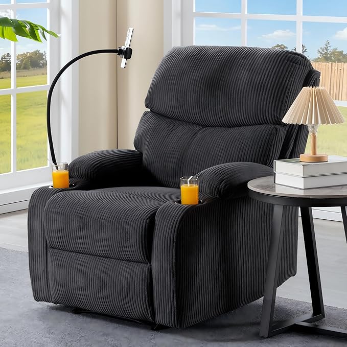 Manual Recliner ChairModern Corduroy Reclining Chairs with Phone Stand &amp Cup HoldersOverstuffed Single Sofa Recliner for AdultsLiving Room Bedroom Home Theater (Dark Grey)
