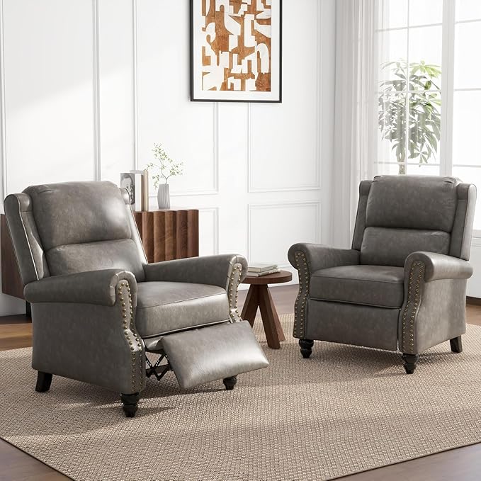 UIXE PU Leather Pushback Recliner Chairs Set of 2 Overstuffed Armchair Push Back Accent Chair for Living Room Rivet Trim Club Chair Home Theater Single Sofa Bedroom Side Reading Seat - Gray