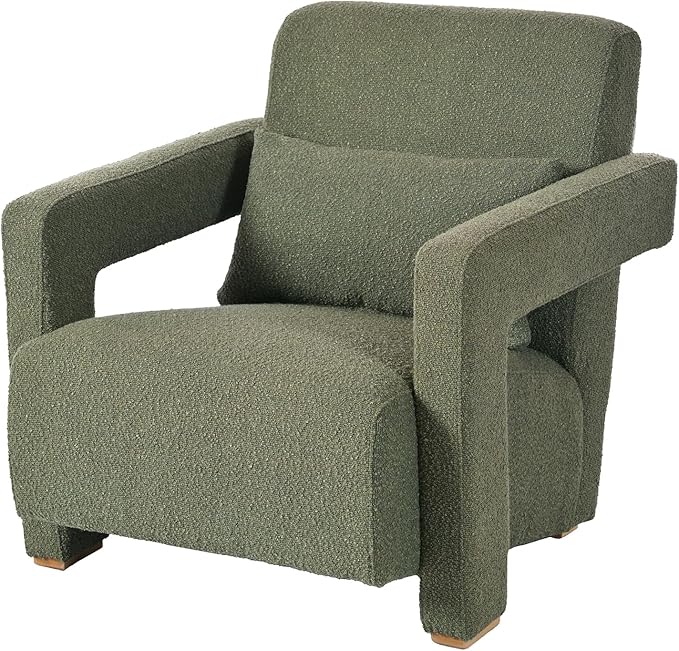 Modern Accent Chair with Sleek Right-Angle Armrests Armchair Single Sofa with Square Wooden Block Legs Ergonomic Lumbar Support Inclined Seat for Living Room (Green317)