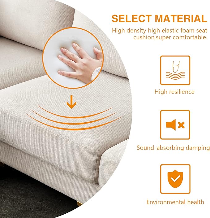 kevinplus 93'' Sectional Sofa Couch for Living Room with Convertible Chaise Ottoman Modern 3-Seat L-Shape Sofa Couch with Golden Metal Legs for Bedroom Home Office Apartment Small Space Beige