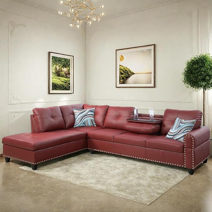 FONTOI Leather Sectional Couch Sofa Modern Nail-Head Design L Shaped Sectional Sofa for Living Room 4 Seat L Couch with Storage Ottoman &amp Cup Holder for Bedroom Apartment Red