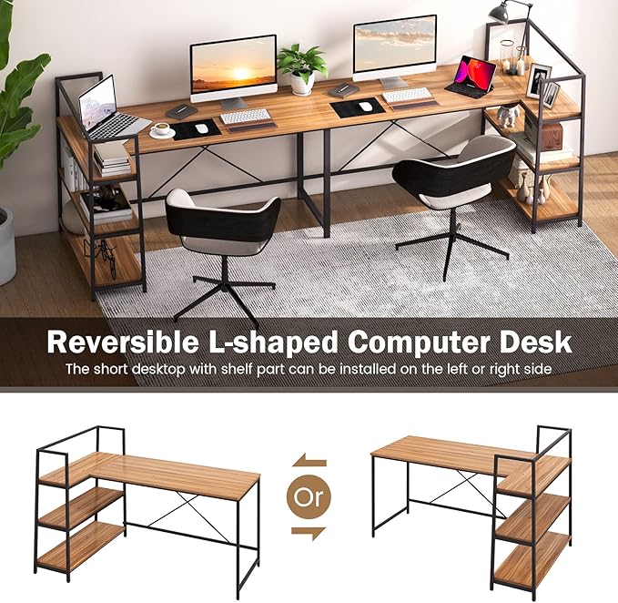 COSTWAY 59 Inch L-Shaped Computer Desk Large Reversible Corner Desk with Open Storage Shelves Space-Saving Writing Study Table PC Laptop Gaming Desk for Home Office (Black + Walnut)
