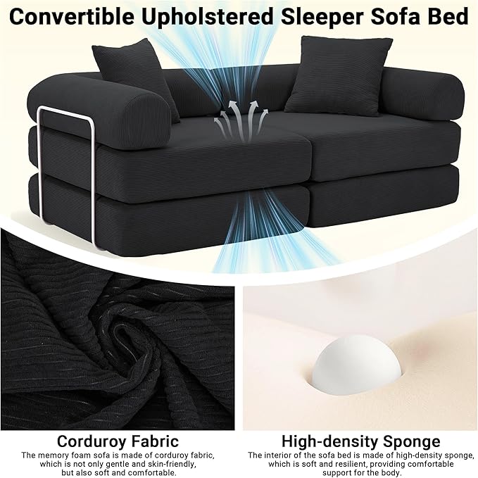 73 Convertible Sleeper Sofa Bed Corduroy Boneless Couch in a Box 4-in-1 Folding Mattress Loveseat Couch Comfy Modular Foldable Floor Sleeper Sofa with 2 Pillows and Fixed-Shape Frame (Black 73)
