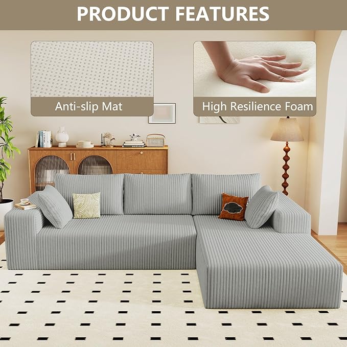 96 Cloud Sectional Couch with L-Shaped Chaise Modern Corduroy Sectionals Couches with Deep Seat Boneless Sofa 3 Seater for Living Room No Assembly Required (Light Grey Right Facing Chaise)