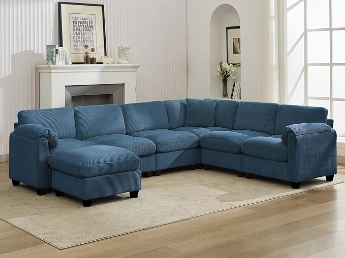 DRMBOOK 115'' U Shaped Modular Sectional Cloud Couch Comfy Corduroy 6 Seater Sofa with Curved Armrest Modern Deep Seat Modular Sofa for Living Room (Blue 5 Seat+1 Corner+1 Ottoman)
