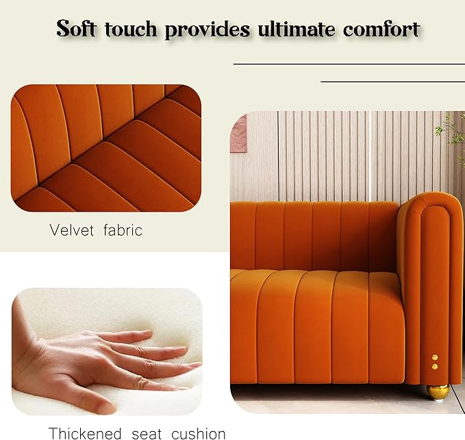 81 Velvet ﻿Orange Couch Mid Century Modern Couches Tufted Sofa 3 Seater Velvet Sofas Loveseat Upholstered Couches with Metal Legs Suitable for Luxury Couch in Living Room