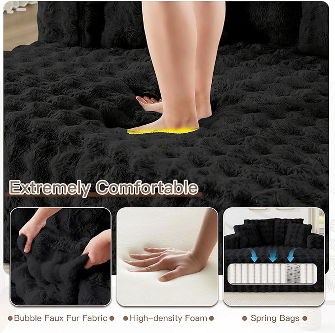 56 W Oversized Chaise Lounge Chair IndoorPlush Faux Fur Sleeper Couch Sofa Bed with PillowsFluffy Comfy Cloud SofaCompression Foam Boneless Couch for Living RoomBedroom(Bubble Black)