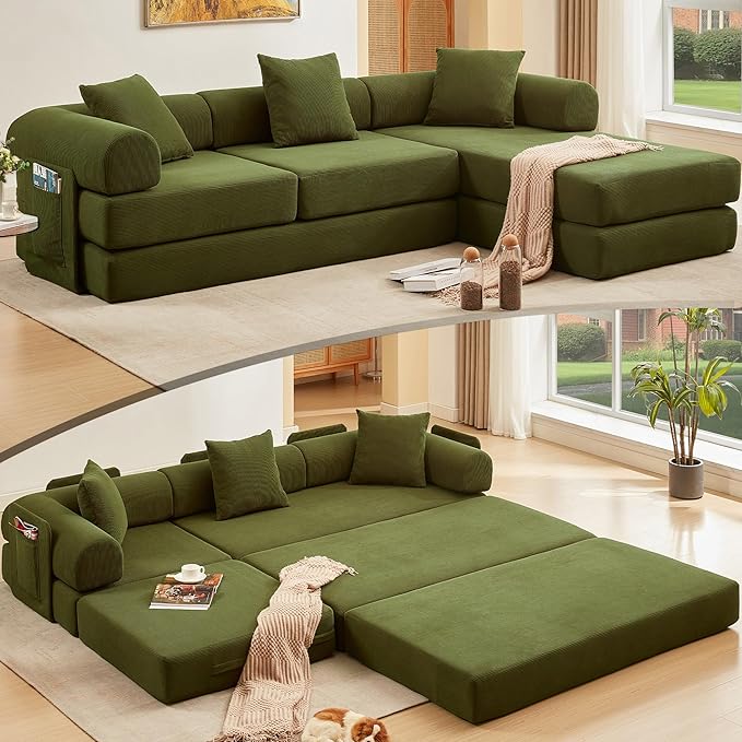 L Shaped Convertible Modular Sofa Bed with Cylindrical Pillow &amp Reversible Chaise Corduroy Folding Floor Sofa Couch Bed with Fixed-Shape Frame &amp Storage Pocket for Living Room Green