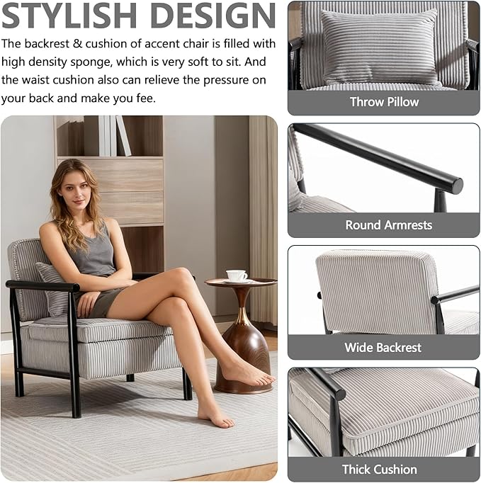 Grey Accent Chair with Storage for Living Room 24 W Mid Century Modern Chair with Cushion Upholstered Corduroy Reading Chair with Wooden Legs Comfy Arm Chairs(Grey)