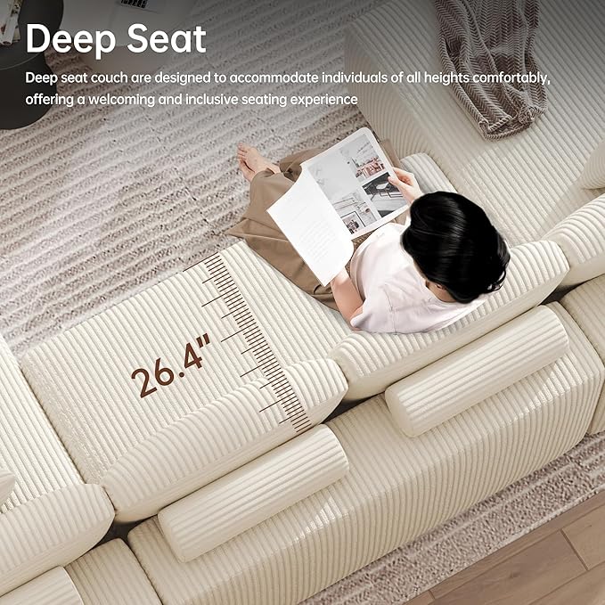 DURASPACE 126.2'' U Shaped Modular Sofa with Chaise Cloud Boneless Comfort Sectional Sofa Couch Modern Corduroy Deep Seat Couch Convertible 4-Seater for Living Room(Beige)