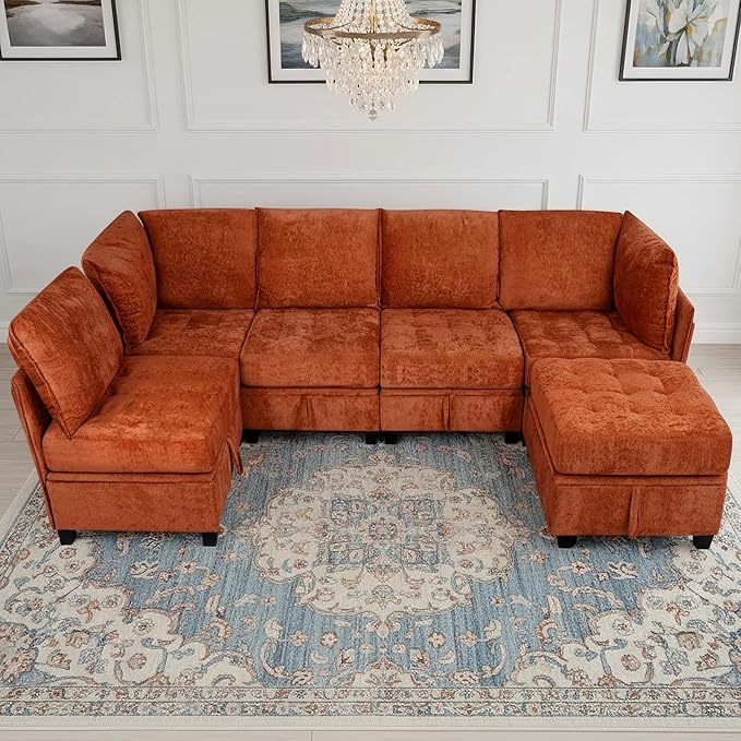 smilesun Oversized Modular Sectional Sofa with Storage Under Each Seat U-Shaped Chenille Sectional with Extra Deep and Wide Seats Convertible Comfy Couch for Living Room（Orange U-Shaped Couch）
