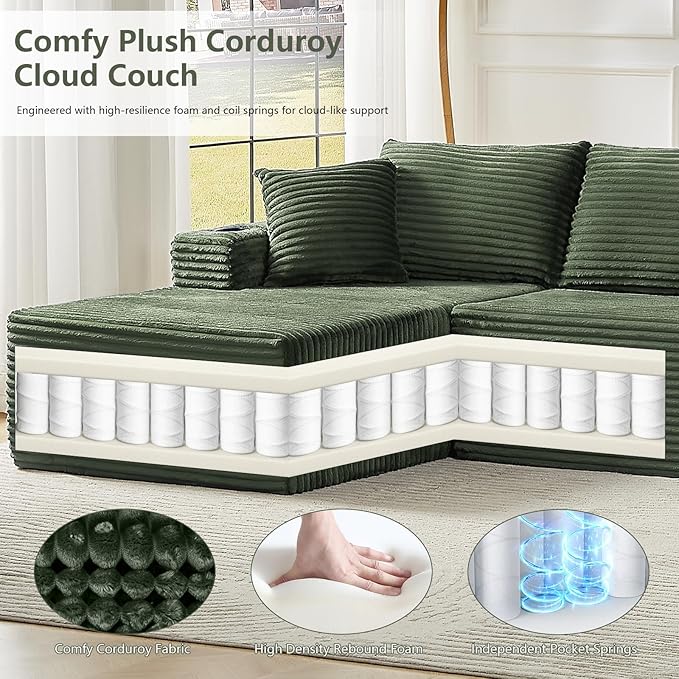 134 Oversized U Shaped Cloud Couch Boneless Modular Sectional Sofa for Living Room 5 Seat Couch with Storage Pockets &amp Cup Holders Free Combination No Assembly Required Green