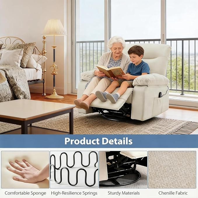 Rocker Swivel Recliner Chair for Adults Single Reclining Sofa Chair with Heated and Full Body Massage Lounge Recliner Glider for Small Living Room Bedroom Beige