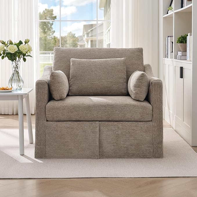 ONBRILL Accent Chair for Living Room Slipcovered Chair with 3 Throw Pillows Comfy Reading Chair Deep Seat Armchair w/Sloped Arms Modern Single Couch Sofa for Apartment Wheat