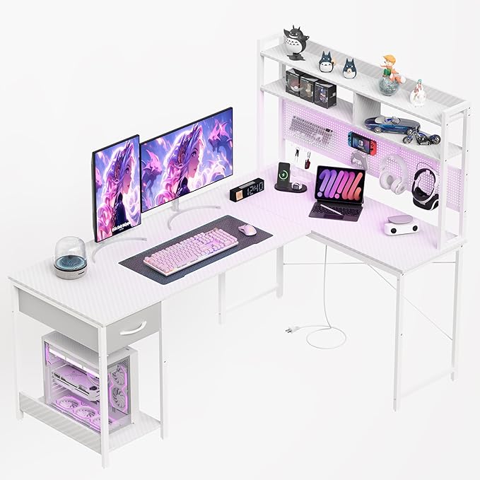 Apicizon L Shaped Gaming Desk 53 Reversible Corner Computer Desk with LED Lights Carbon Fiber Surface Pegboard with Hooks Drawer &amp PC Tower Stand USB Charging Port