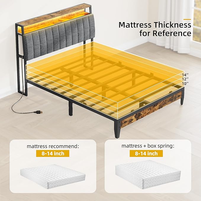 YITAHOME Full Size Beds with Charging Station 2-Tier Storage Headboard with RGB LED Lights Linen Upholstered Platform Beds Strong Wooden Slats No Box Spring Needed Noise Free Rustic Brown