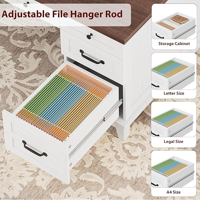 60 Executive Desk with Power Outlet Home Office Desk with Drawers Wooden Work Desk with File Cabinet Computer Desk for Work Study Writing White and Brown