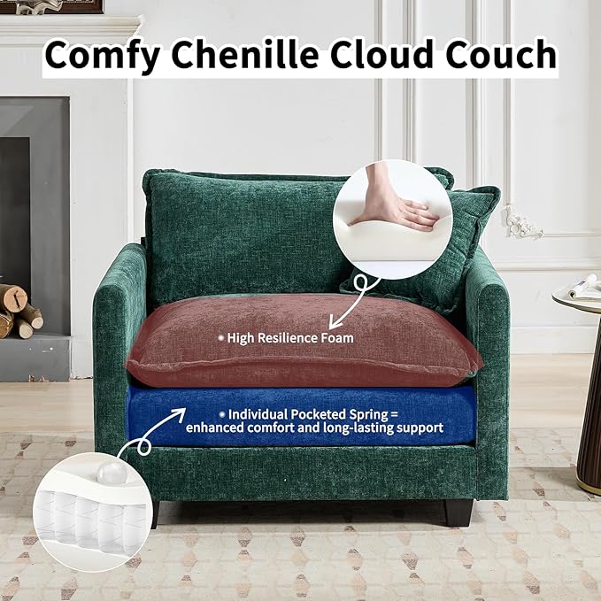 146.5 U Shaped Couch Modular Sectional Sofa Comfy Chenille Cloud Couch with Movable Ottoman and Pillow Modern 4-Seater Deep Seat Sofa for Living Room (Olive GreenU Shaped Sofa)