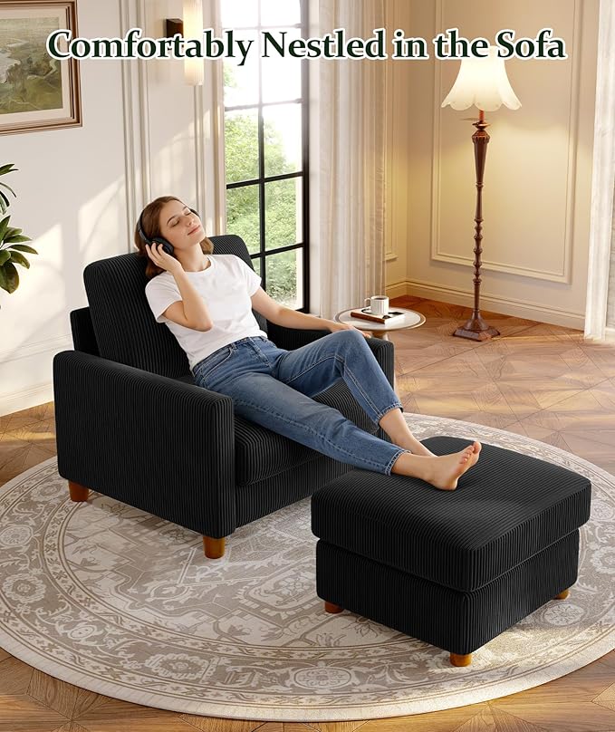 25.2 Couches for Living Room Comfy Black Ottoman with Storage Foot Rest Tool-Free Setup Small Ottoman Foot Rest for Couch Corduroy Couch for Bedroom Apartment Office