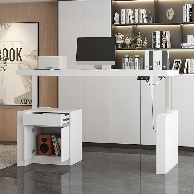 Electric Standing Desk 29.5-44.1 Height Adjustable Computer Desk with Drawer and Storage Cabinet Memory Study Writing Gaming Table for Home Office White