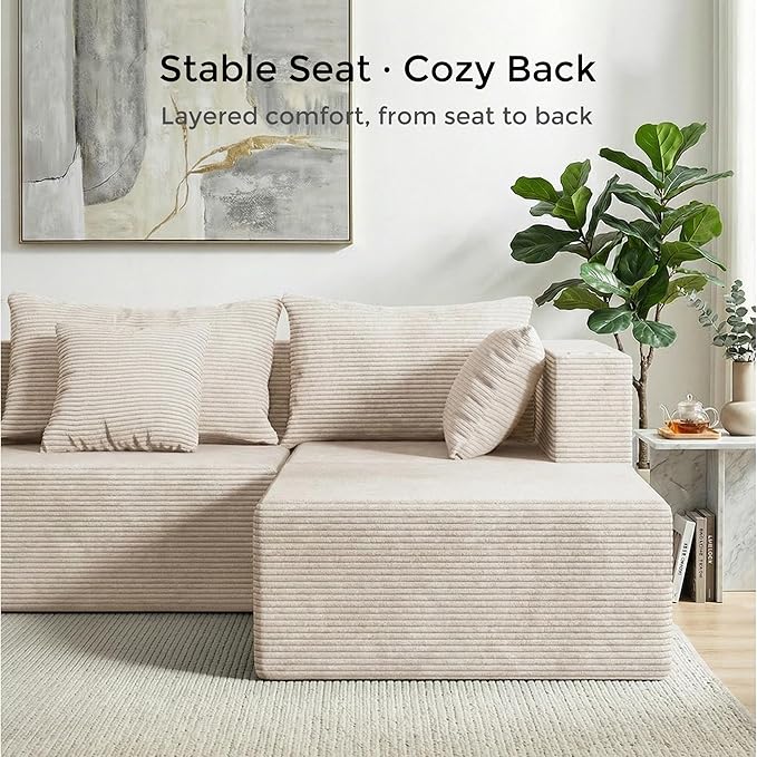 WELAX 104 Modular Sectional Couches for Living Room Boneless Couch L-Shape with Cup Holders &amp Pillows Modern Corduroy Cloud Sofa 4 Seater Home Comfy Sofas for Bedroom Beige