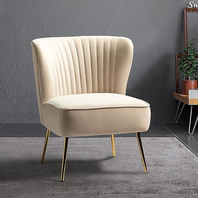 Tina's Home Velvet Armless Accent Chair Upholstered Modern Small Side Chair with Golden Legs Comfy Cute Wingback Slipper Chair for Living Room Study Beauty Room Thickly Padded(TAN)