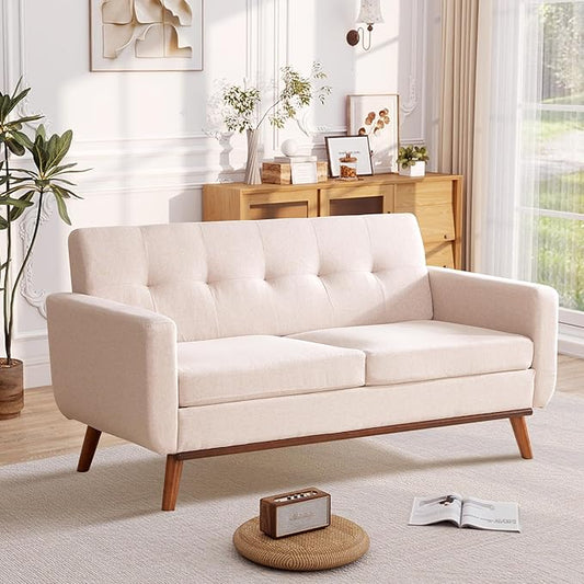 Kingfun 65 W Loveseat Sofa Mid Century Modern Decor Love Seat Couches for Living Room Button Tufted Upholstered Furniture Solid &amp Easy to Install Small Couch for Bedroom Office ApartmentOatme