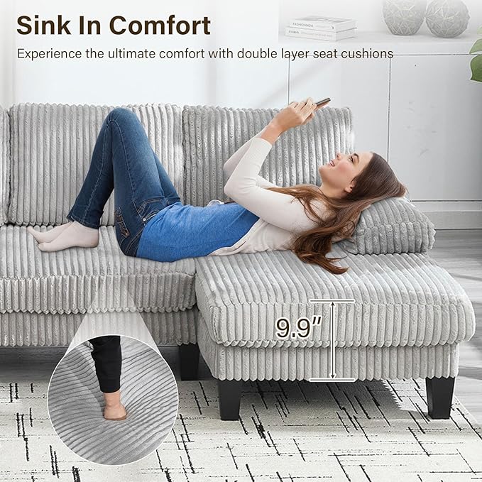 114.2 U-Shaped Sectional Sofa for Living Room Corduroy U-Shaped Couch with Double Chaises 4-Seater Comfy Cloud Sofa for Home Furniture Office &amp Small Space (Light Gray)