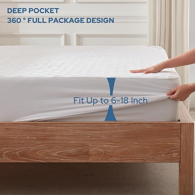 BEDLORE Waterproof Mattress Protector Queen Size Noiseless Mattress Pad with Deep Pocket Fitted Up to 6-18 inches Soft Noiseless Bed Mattress Cover Washable for Home Bedroom Hotel (White)