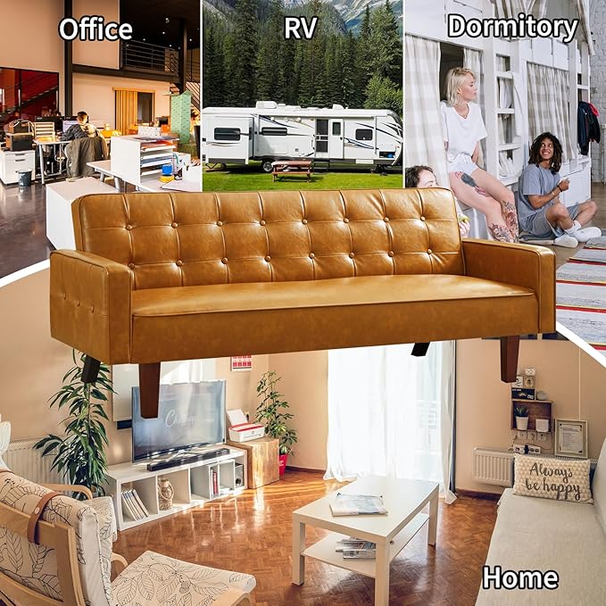 Faux Leather Couch Mid Century Modern Sofa with Memory Foam Comfy 3 Seater Couch for Small Spaces Living Room Office Brown