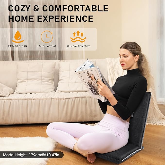 Floor Chair with Back Support 14-Position Adjustable Floor Chair Portable Ground Seating for Adults &amp Kids Foldable Meditation Seat with Japanese KOYO Bearings &amp Washable Linen Cover (Black)