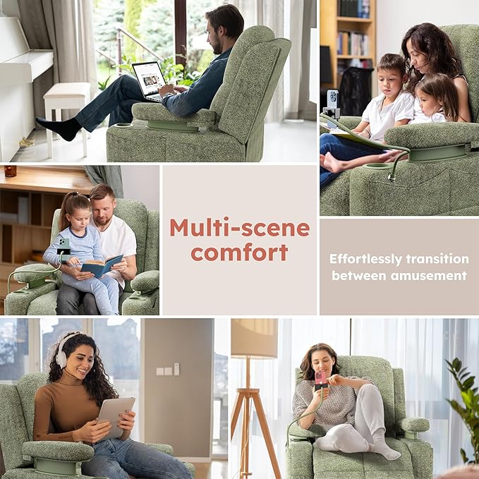 MAMAZING Triple Motor Power Swivel Rocker Recliner Chair with Adjustable Armrests for Adults FSC Certified Faux Leather Rocking Chair for Living Room Green