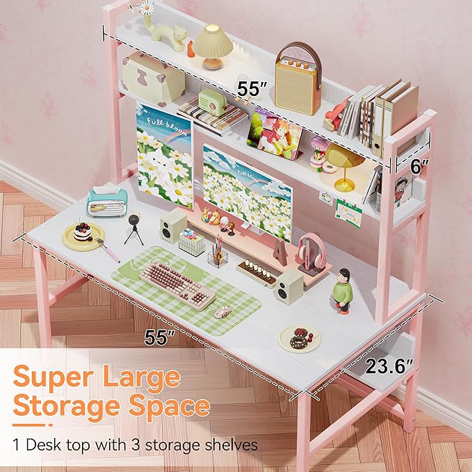 Aquzee Pink Desk with Hutch for Girls 55in Computer Desk with Bookshelf for Teens Adults Craft Table for Bedroom Kids Room White Pink Study Table with Shelves for Storage