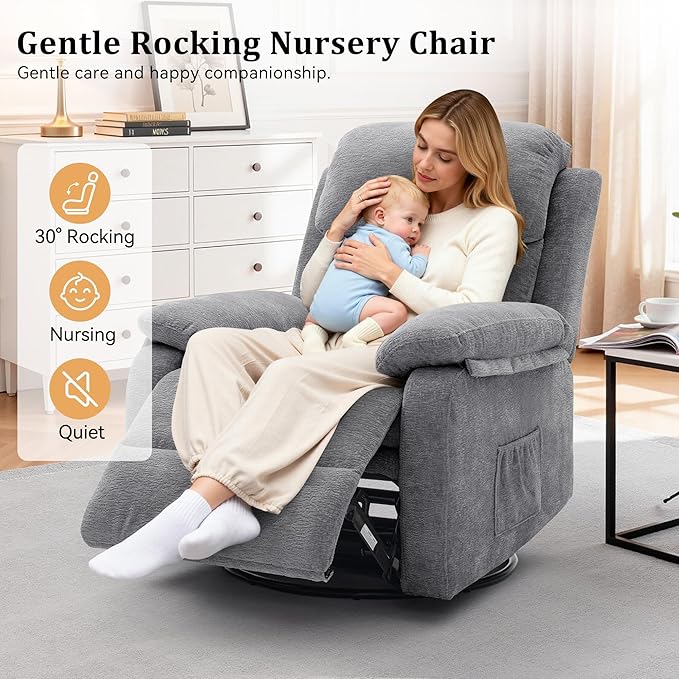 Recliner Chair 360 Swivel Rocker Chair for Adults Small Rocking Recliner Chair for Small Spaces Upholstered Chenille Fabric Glider Recliner Nursery Chair with Side Pockets for Living Room