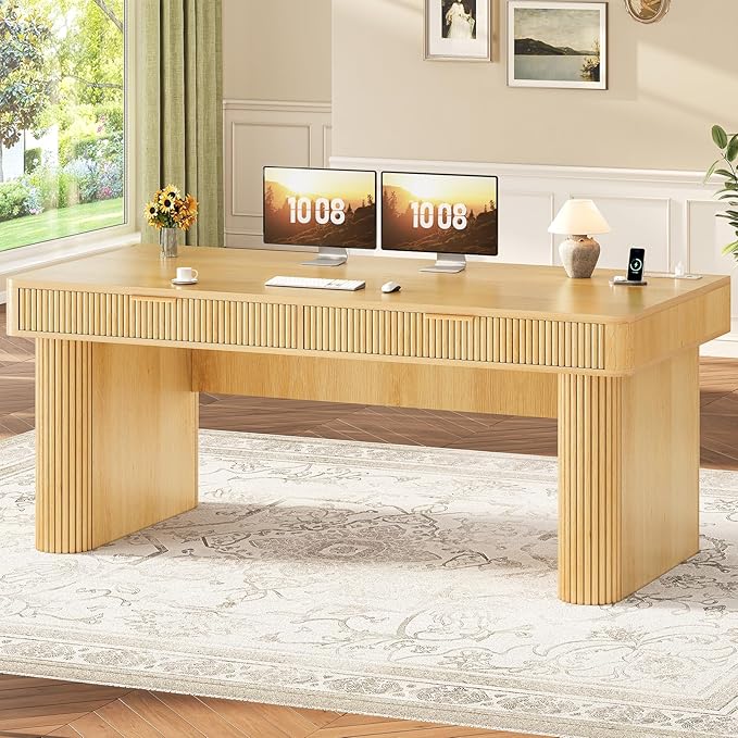 SEDETA Office Desk with 2 Drawers 59 Fluted Computer Desk with Storage and Power Strip Wood Executive Desk Writing Desk for Home Office Living Room Bedroom Oak